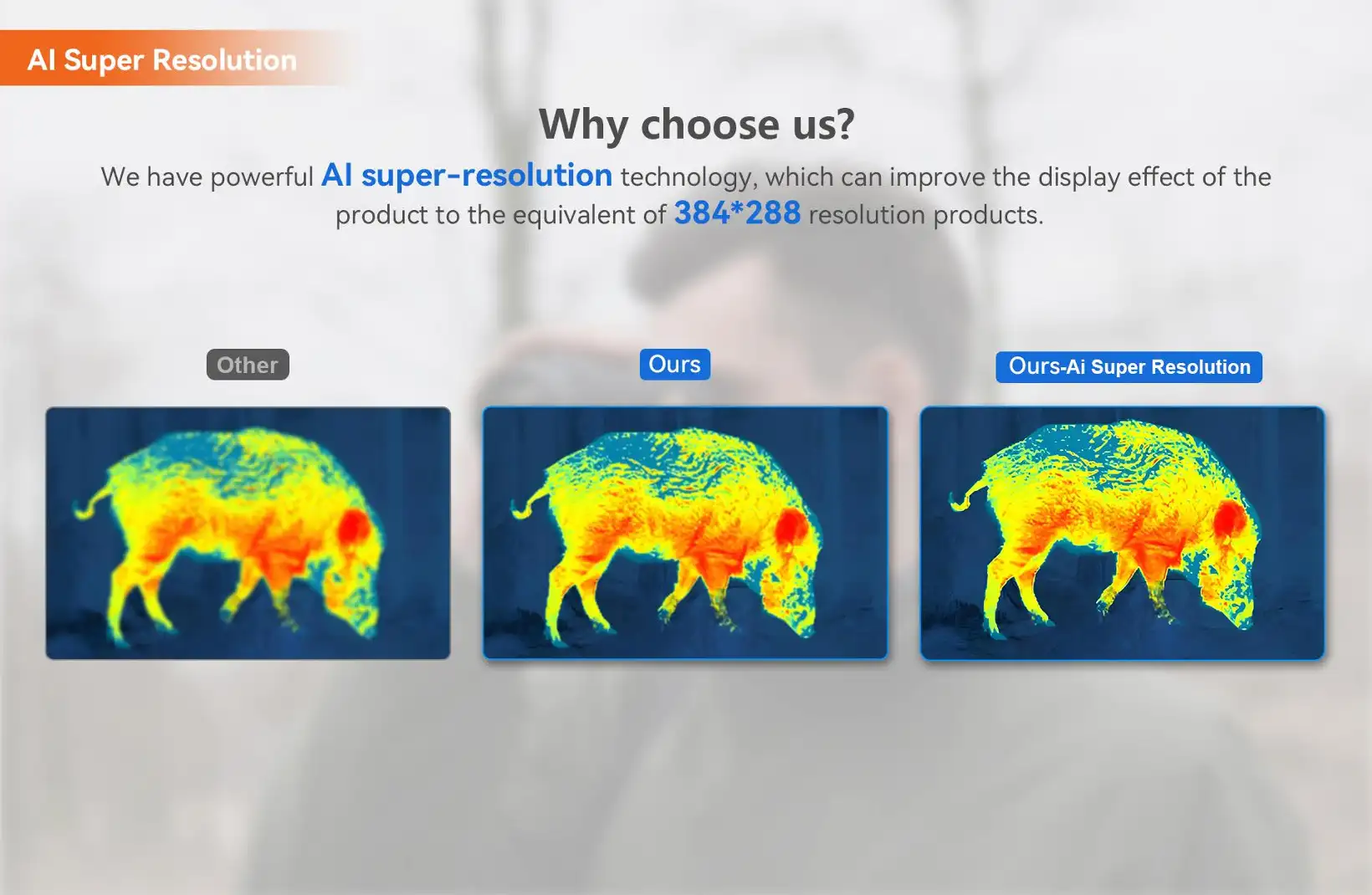 GV-TA15 Revolutionary AI Thermal Monocular: Turnkey OEM Solution for Distributors Comparison showing AI super-resolution technology enhancing thermal image quality of a wild boar.