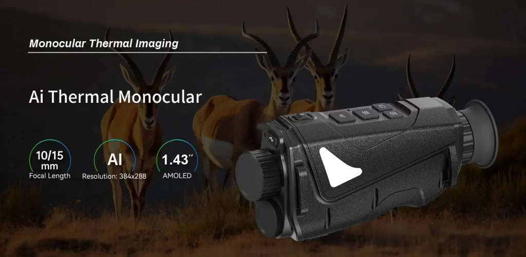 AI thermal monocular featuring 1.43-inch AMOLED display and 384x288 super resolution.