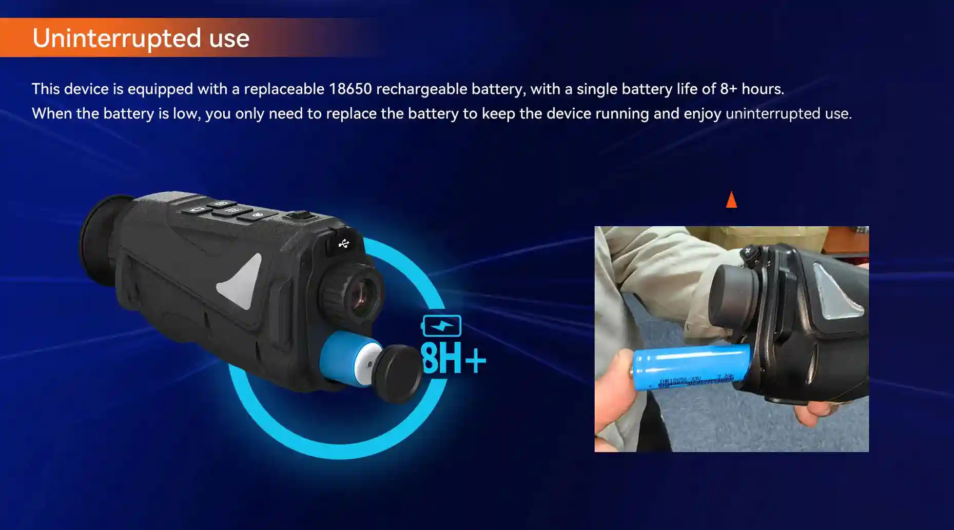 GV-TA15 Revolutionary AI Thermal Monocular: Turnkey OEM Solution for Distributors Replaceable 18650 rechargeable battery providing 8+ hours for the thermal monocular.