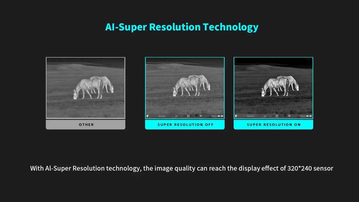 AI Super-Resolution technology on the Smart Thermal Imaging Sight showing enhanced image quality of animals in the dark.