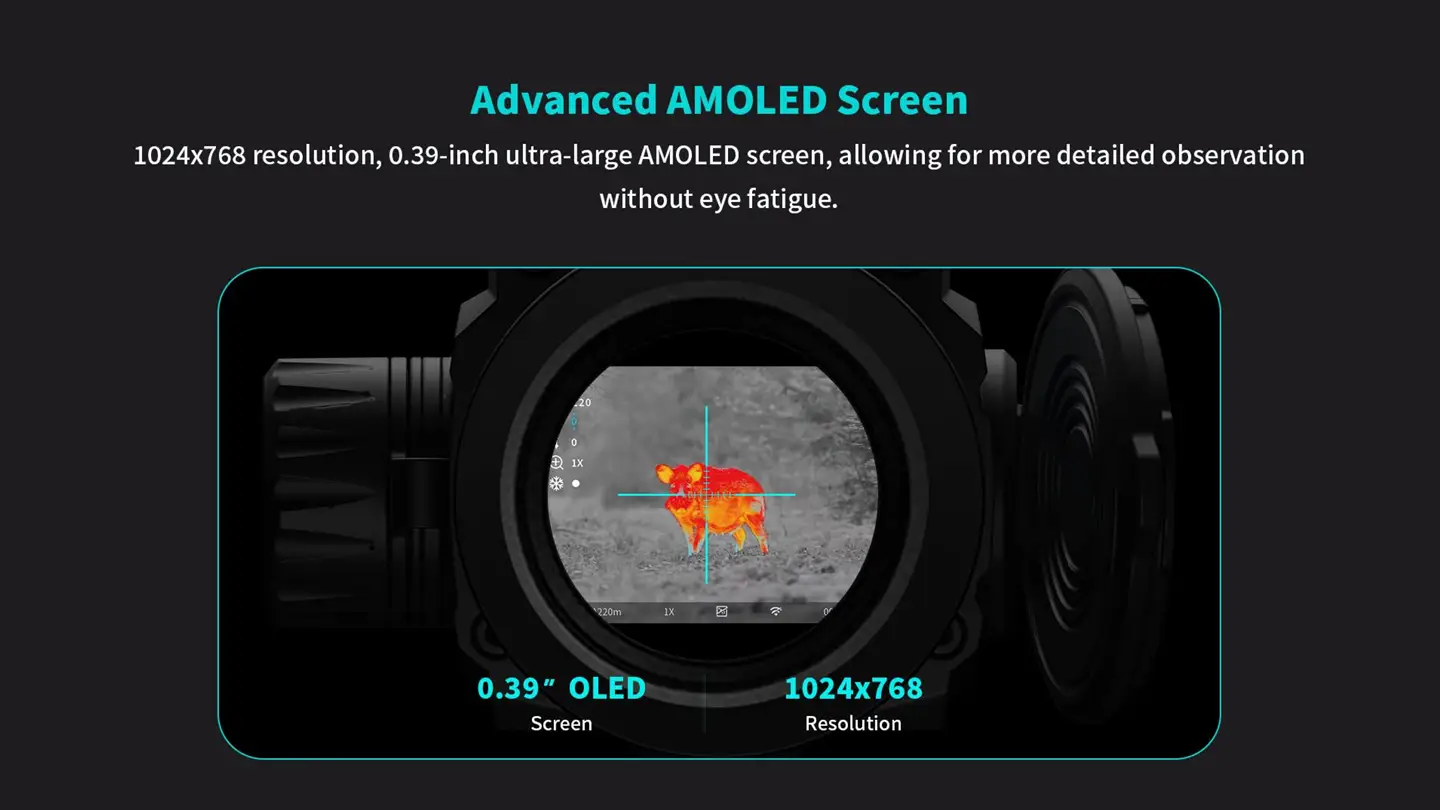 Advanced 1024x768 AMOLED screen and 14X smooth digital zoom interface on the thermal rifle scope.