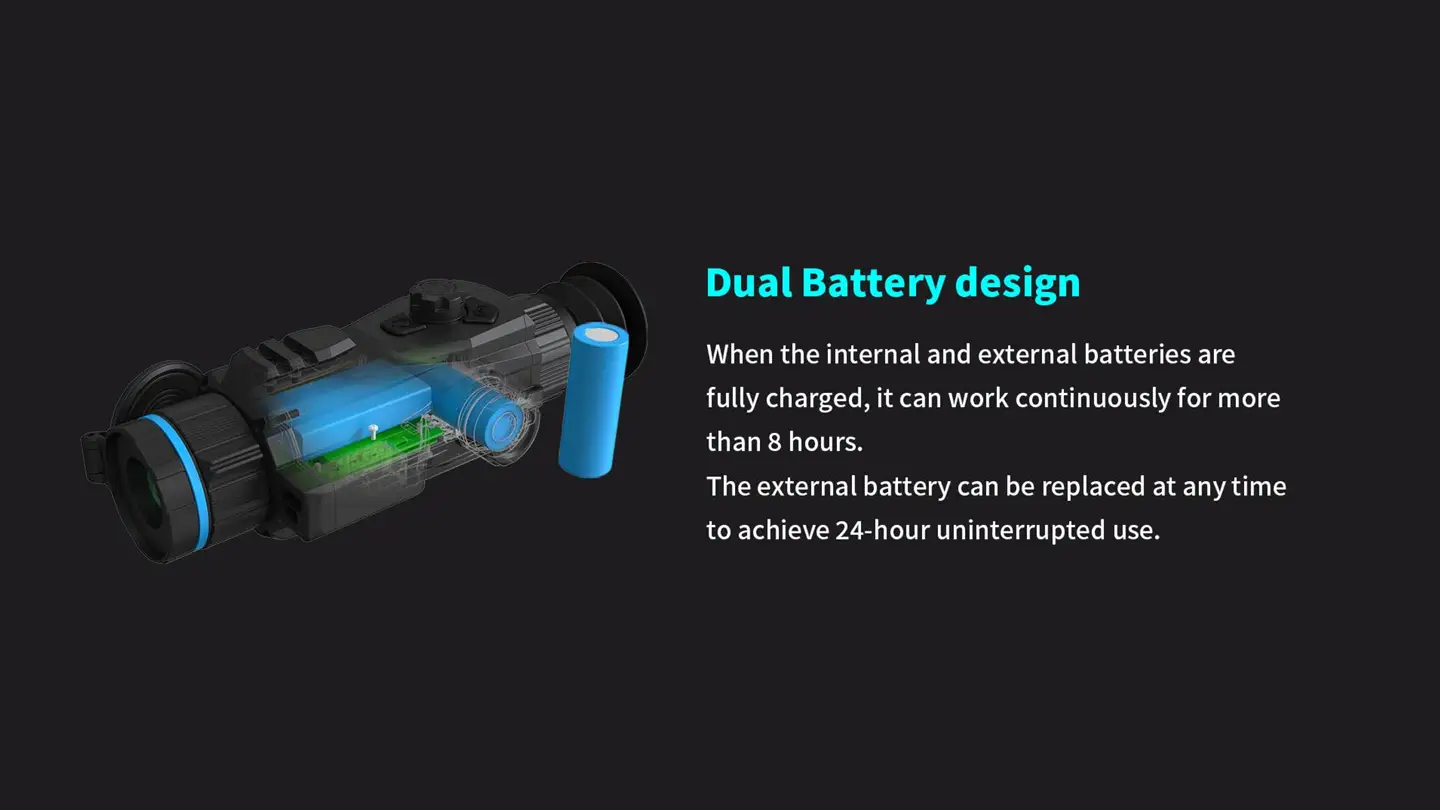 Dual battery design allowing 24-hour uninterrupted use for the thermal imaging sight.
