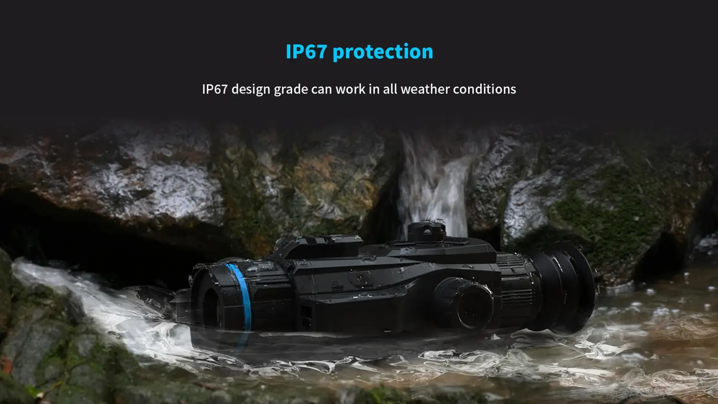 IP67 waterproof and rugged Smart Thermal Imaging Sight submerged in a rocky stream.