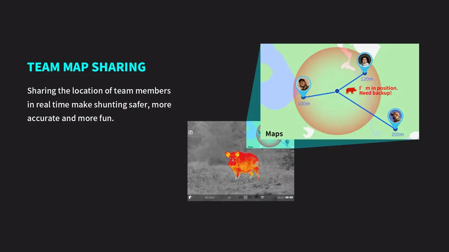 Team Map Sharing feature on the HuntIR App connected to the Smart Thermal Imaging Sight.