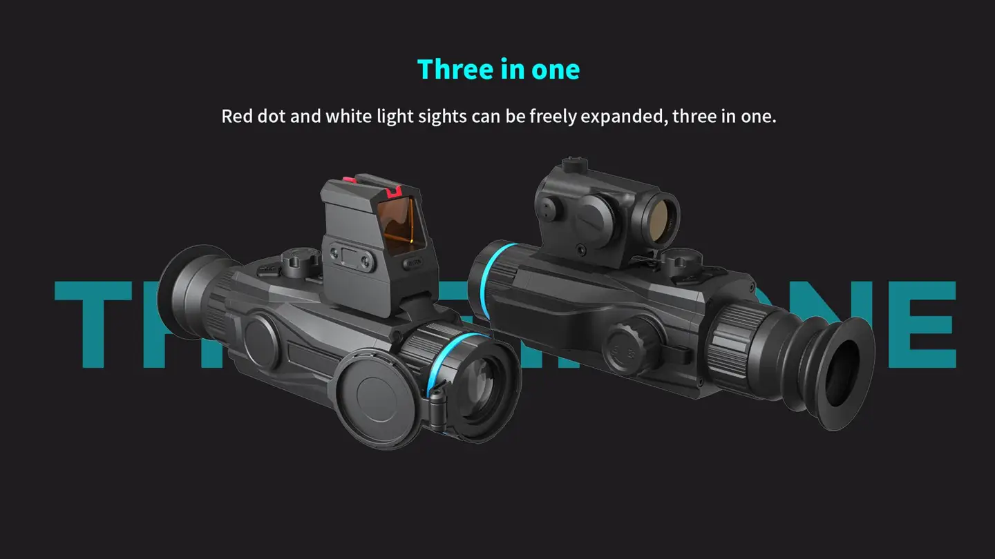 Three in one tactical expandability showing red dot and white light sights mounted on the Smart Thermal Imaging Sight.