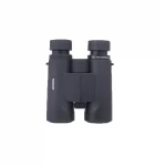 Premium black roof-prism binoculars with open protective rubber lens caps, displaying the anti-reflective ED glass objective lenses