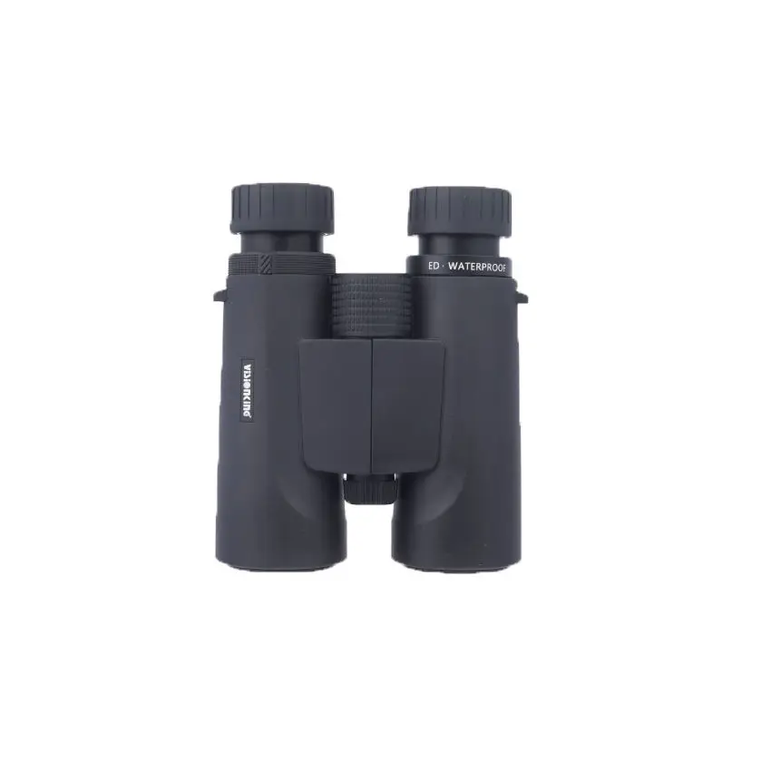 Premium black roof-prism binoculars with open protective rubber lens caps, displaying the anti-reflective ED glass objective lenses