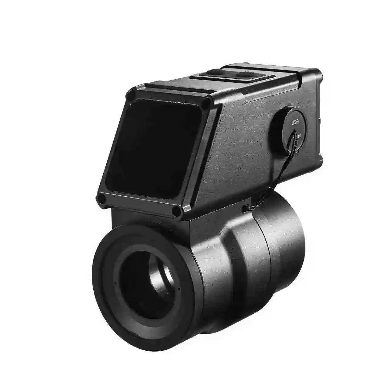 DVC52 Front-quarter view of black refile scope camera showing the large objective lens and waterproof USB silicone cover