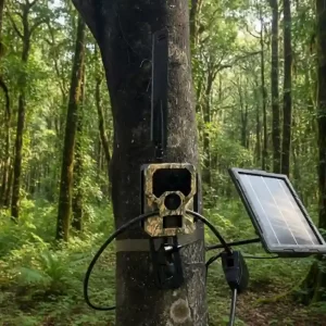 Universal 12V and 6V trail camera solar panel mounted on a tree in a dense forest