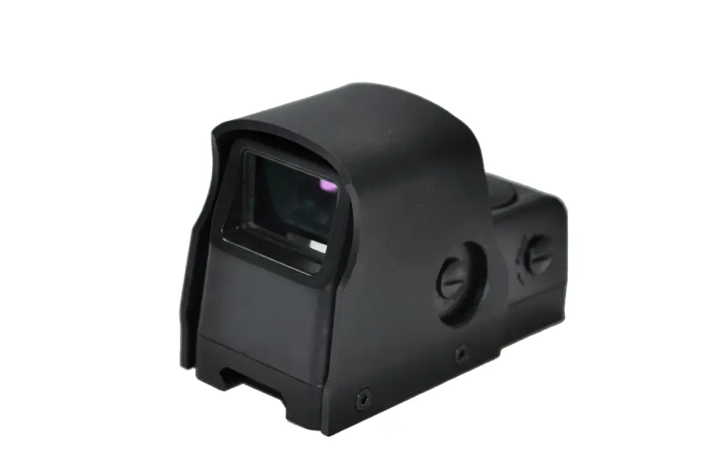 Rear quarter view of black tactical reflex sight showing the mounting base and viewing window